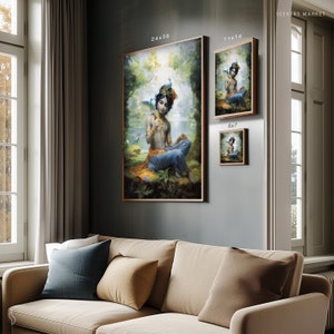 a living room with a couch and paintings on the wall
