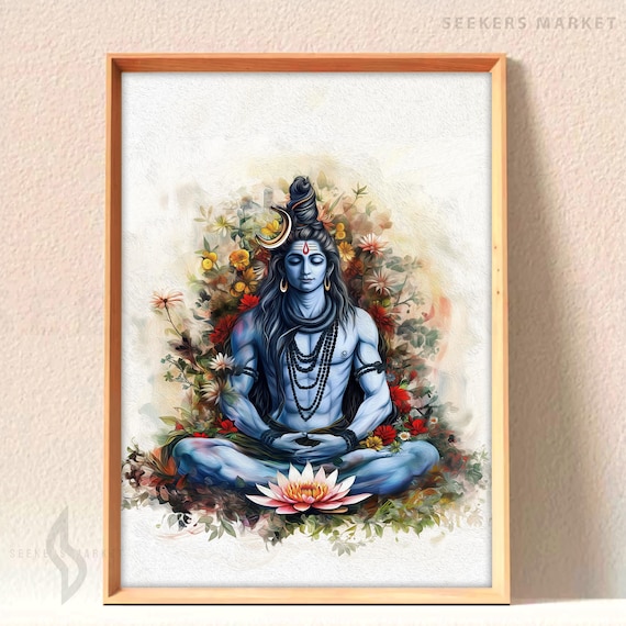 Lord Shiva Art Print, Floral Lotus Meditation Decor