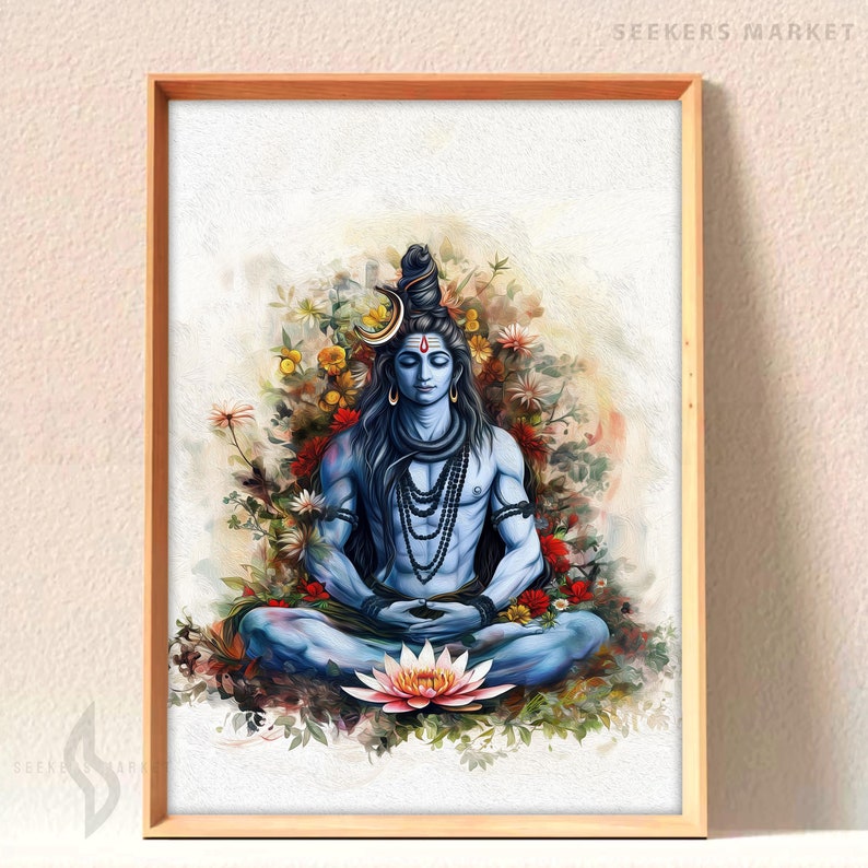 May include: A watercolor painting of Shiva, a Hindu deity, meditating in a lotus position surrounded by flowers. He is blue-skinned with a third eye and a crescent moon on his forehead. He wears a garland of beads and a snake around his neck.