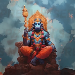 Hanuman druckbare Kunst, Hinduistische Kunst für indisches Wohndekor Lord Hanuman Berg Geschenk spirituelle Malerei rhh1