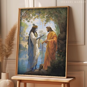 May include: A painting depicting two figures, one in blue robes and the other in orange robes, standing by a river. The figure in blue robes is holding a staff and the figure in orange robes is holding a hand out. The background is a lush green forest.