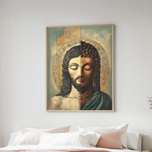 May include: Framed artwork depicting a split image of Jesus and Buddha, each occupying half of the composition. Jesus is on the left, with long hair and a beard, while Buddha is on the right. The background features a golden halo and a muted color palette.