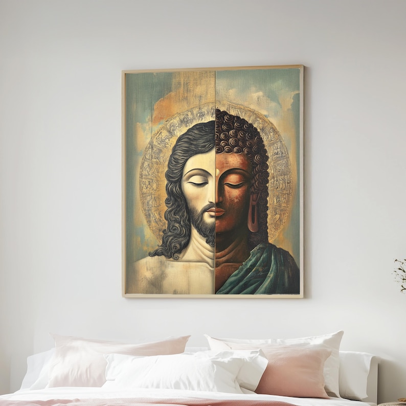 May include: Framed artwork depicting a split image of Jesus and Buddha, each occupying half of the composition. Jesus is on the left, with long hair and a beard, while Buddha is on the right. The background features a golden halo and a muted color palette.