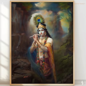 Spiritual art religious gift Hindu art Indian home decor Krishna art flute forest painting Hindu wall art altar photo RHK9 Poster