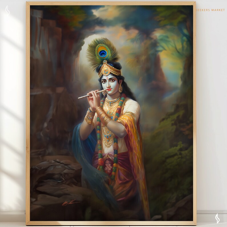 May include: A painting of Krishna, a Hindu deity, playing a flute. He is depicted with blue skin, a peacock feather headdress, and wearing a yellow and blue robe. The background is a lush green forest with a waterfall.