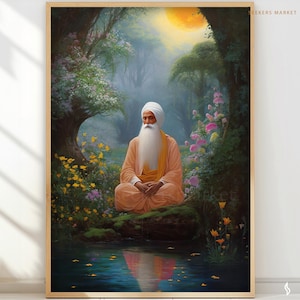 Może przedstawiać: Malowidło przedstawiające mężczyznę medytującego w lesie. Ma na sobie biały turban i długą białą brodę. Siedzi na skale nad strumieniem. Las jest bujny i zielony, pełen kwiatów i drzew. Słońce świeci jasno na niebie.