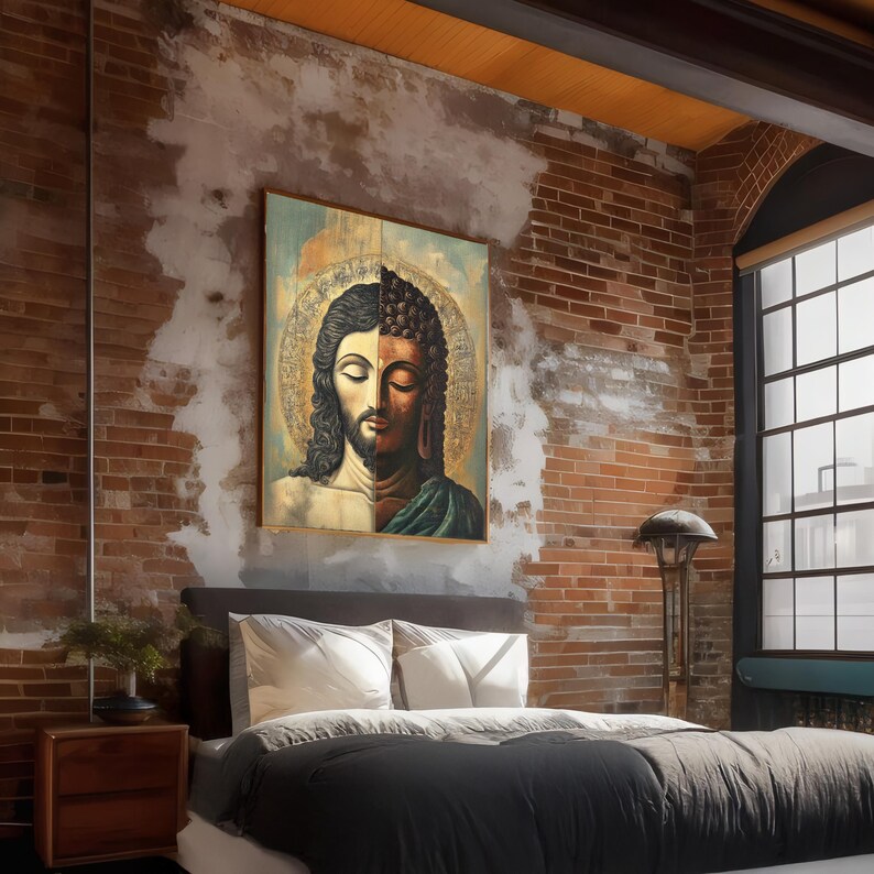 May include: A framed artwork depicting a split image of Jesus and Buddha, hanging above a bed with white pillows and a dark gray comforter. The room features exposed brick walls, a wooden nightstand, and a large window.