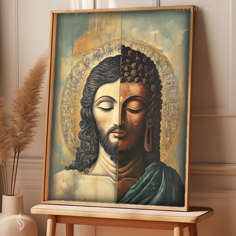 May include: A framed art print featuring a split image of Jesus and Buddha. The left side depicts Jesus with long hair and a beard, while the right side shows Buddha. The background has a golden halo and a celestial design. The artwork is displayed on a wooden table.