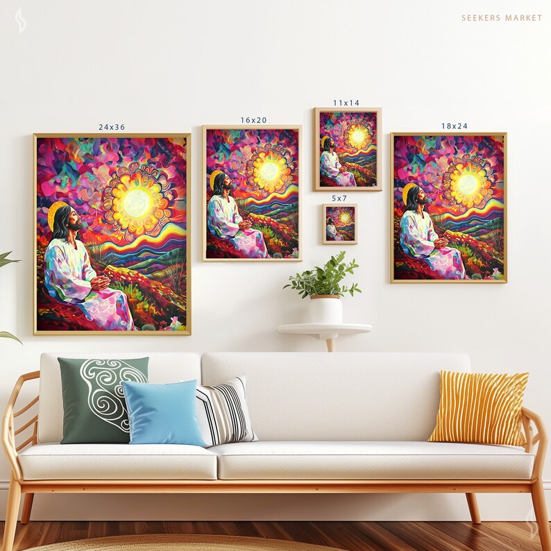 a living room with a couch and paintings on the wall