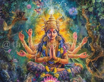 May include: A colorful painting of a deity with multiple arms, sitting in a meditative pose on a rock with a lotus flower in front of her. The deity is adorned with jewelry and flowers, and the background is a lush forest with birds and butterflies.