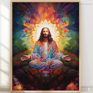 Psychedelic Jesus art Trippy Jesus Meditating Jesus painting Christ consciousness yoga art prayer art Christian gift hippie art rcj2 Poster