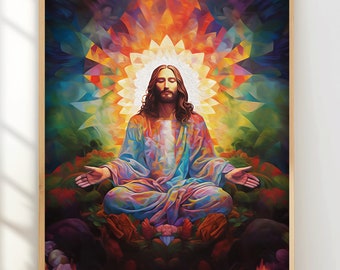 Psychedelic Jesus art Trippy Jesus Meditating Jesus painting Christ consciousness yoga art prayer art Christian gift hippie art rcj2 Poster