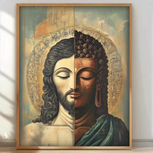 May include: A framed art print depicting a split image of Jesus and Buddha. Jesus is on the left, with fair skin and long dark hair. Buddha is on the right, with darker skin and curly hair. Both figures have closed eyes and a golden halo.