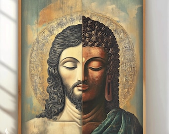 May include: A framed art print depicting a split image of Jesus and Buddha. Jesus is on the left, with fair skin and long dark hair. Buddha is on the right, with darker skin and curly hair. Both figures have closed eyes and a golden halo.