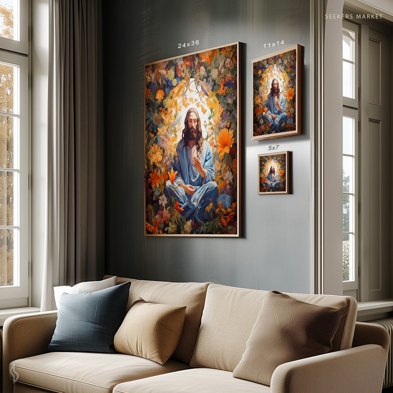 a living room with a couch and paintings on the wall