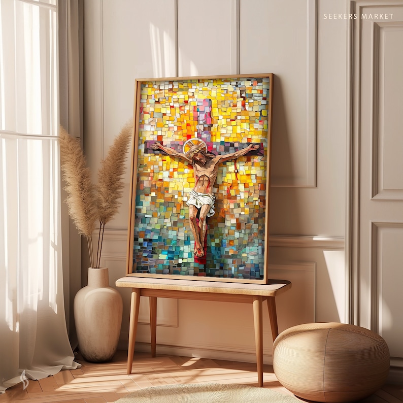 May include: A framed mosaic artwork depicting the crucifixion of Jesus. The artwork features a vibrant, colorful mosaic design with a wooden frame. The image is displayed on a small wooden table in a well-lit room.