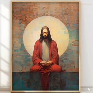 May include: A painting of Jesus in a red robe meditating with his eyes closed. He is sitting in front of a large, bright, white circle against a background of blue and orange squares.
