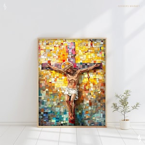 a painting of a man on a cross on a white wall
