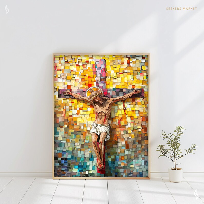 a painting of a man on a cross on a white wall