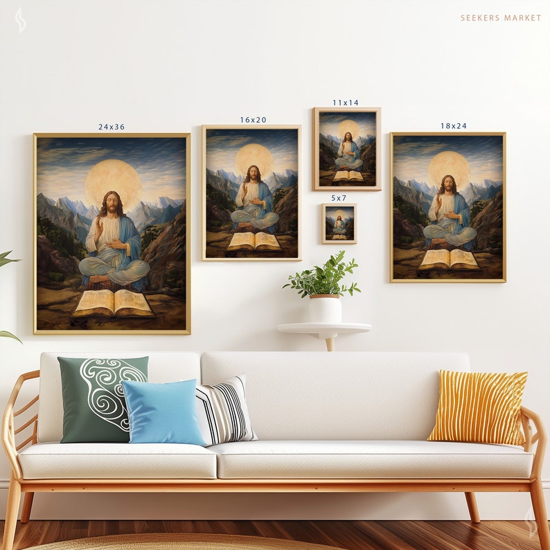 a living room with a couch and paintings on the wall