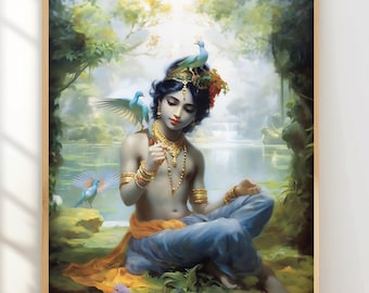 May include: A painting of a young boy with blue birds perched on his head and hand. He is sitting in a lush green forest setting with a river in the background. The boy is wearing a blue and yellow garment and has a serene expression on his face.
