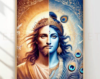 Jesus and Krishna Portrait Art Print, Spiritual Harmony