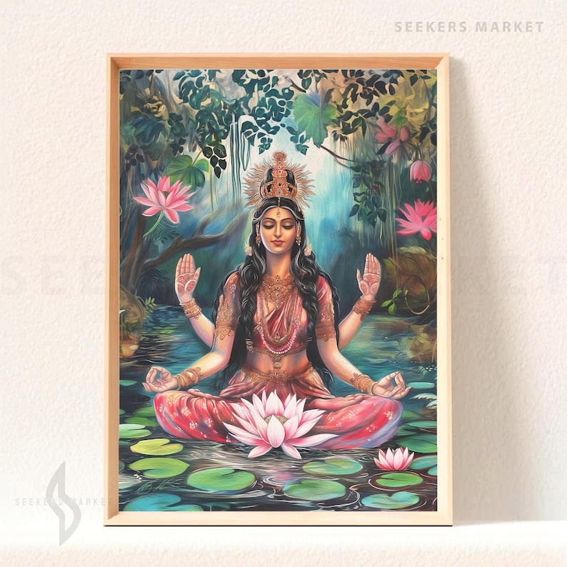 May include: A painting of a Hindu goddess with four arms sitting in a lotus position in a pond surrounded by lily pads. She is wearing a red and gold sari and a crown of flowers. The background is a lush green forest.