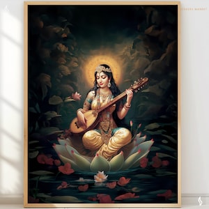 Imprimable art hindou art mural indien Saraswati déesse Saraswati peinture hindoue prière de la divinité décoration dévotion RHSS1 téléchargement numérique