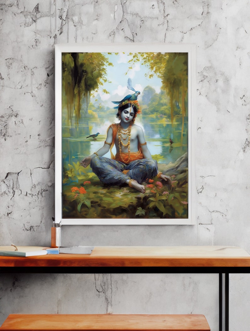 Printable art Krishna painting young Lord Krishna sitting by the water hindu gift indian wall art Digital Download image 1