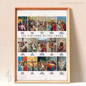 Stations of the Cross Single Poster 15 stations Wall Art Print for Lent Holy Week Easter Crucifixion Passion of Christ Via Crucis Home Decor