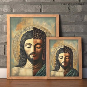 May include: Two framed art prints. Each print features a split image of Jesus and Buddha, with a light wood frame. The artwork has a vintage style with soft colors and a halo effect around the figures.