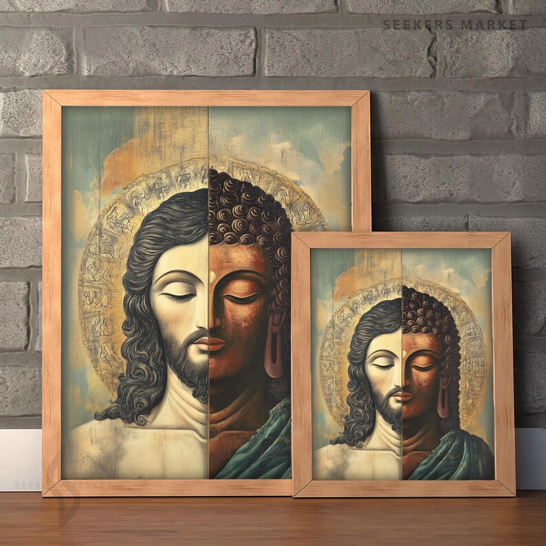 May include: Two framed art prints. Each print features a split image of Jesus and Buddha, with a light wood frame. The artwork has a vintage style with soft colors and a halo effect around the figures.