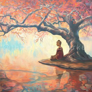 May include: A painting depicting a person meditating beneath a large tree with pink blossoms. The person is seated on a rock with their legs crossed and hands resting in their lap. The water below reflects the colours of the sky and the tree.