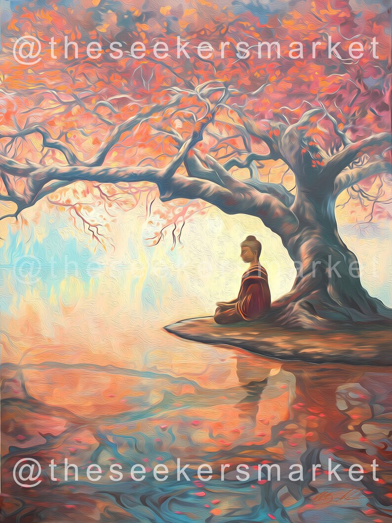 May include: A painting depicting a person meditating beneath a large tree with pink blossoms. The person is seated on a rock with their legs crossed and hands resting in their lap. The water below reflects the colours of the sky and the tree.