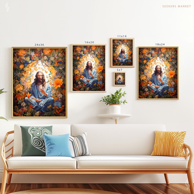 a living room with a couch and paintings on the wall
