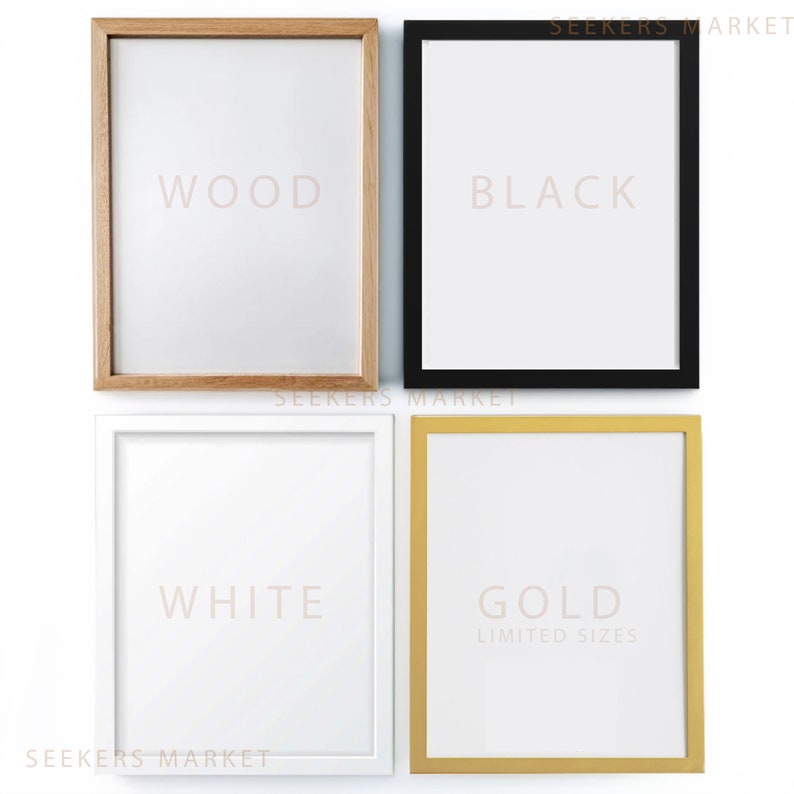 four different frames with white and gold text