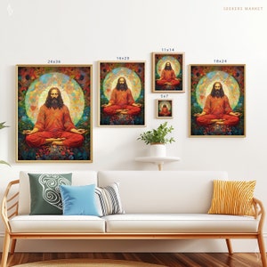 a living room with a couch and paintings on the wall