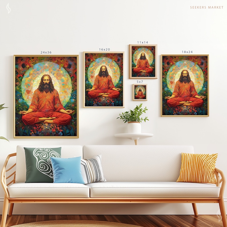 a living room with a couch and paintings on the wall