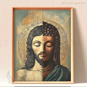 May include: A framed art print depicting a split image of Jesus and Buddha. Jesus is on the left, with fair skin and long hair, while Buddha is on the right, with darker skin and a serene expression. The artwork has a vintage aesthetic.