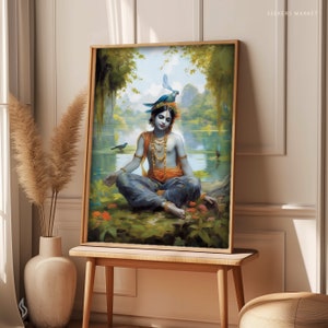 Printable art Krishna painting young Lord Krishna sitting by the water hindu gift indian wall art Digital Download image 3