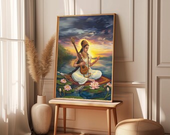 Saraswati-kunstprint, hindoegodin, Indiaas interieur (digitale download)