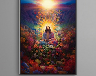 Psychedelic Jesus Portrait - Floral Cascade Spiritual Meditation Art, Boho Christian Wall Decor