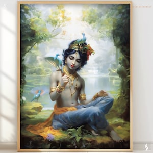Krishna Painting Hindu art print painting poster young Lord Krishna with Peacocks Indian art Hindu gift Indian home decor framed rhk6 Poster