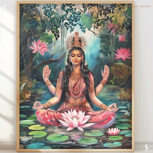 May include: A painting of a Hindu goddess sitting in a lotus position with four arms, surrounded by pink lotus flowers and green lily pads. The goddess is wearing a red and gold sari and a crown. The background is a lush green forest.