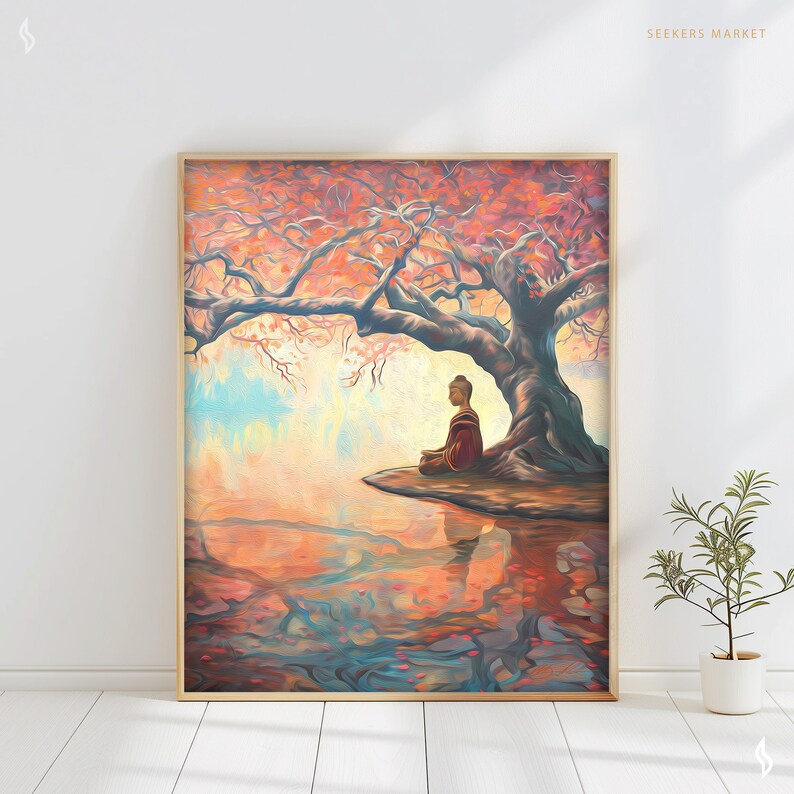 May include: A painting depicting a meditating Buddha figure seated beneath a large, pink-hued tree, with a reflection of the scene in the water below.