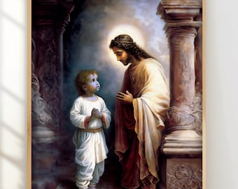 Impresión artística de Jesucristo se encuentra con el Señor Krishna Arte de Krishna Espiritualidad esotérica Religiosa Impresión en papel mate Todos los tamaños Póster RJK3