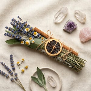 May include: A collection of dried herbs, lavender, and chamomile flowers tied with twine, a dried orange slice, and cinnamon sticks. Clear quartz, amethyst, and rose quartz crystals are arranged on a neutral linen surface.