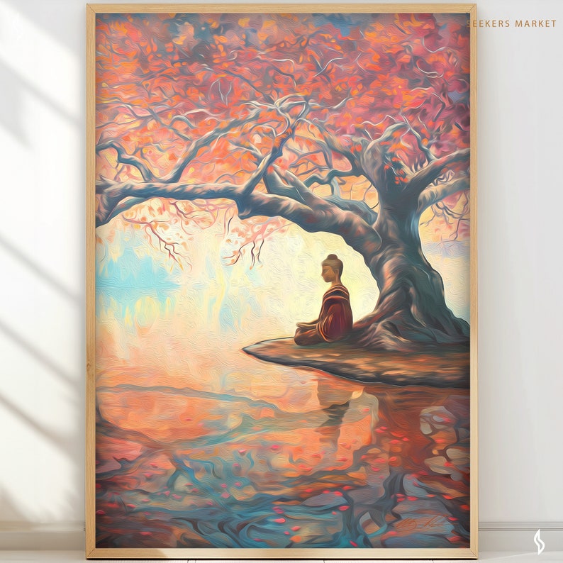 May include: A painting depicting a tranquil scene with a meditating Buddha figure seated beneath a large, pink-hued tree beside a body of water. The water reflects the colours of the sky and the tree, creating a peaceful and tranquil ambience.