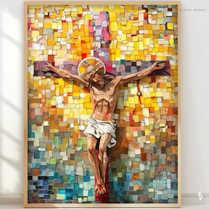 May include: A framed artwork depicting Jesus on the cross, rendered in a mosaic style. The artwork features a warm color palette of yellows, oranges, and browns, with a wooden frame. The image includes the text "Seekers Market" in the upper right corner.