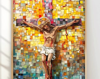 Könnte beinhalten: Gerahmtes Kunstwerk, das Jesus am Kreuz in einem Mosaikstil darstellt. Das Kunstwerk weist eine warme Farbpalette aus Gelb-, Orange- und Brauntönen auf, mit einem Holzrahmen. Der Text "Seekers Market" ist in der oberen rechten Ecke zu sehen.